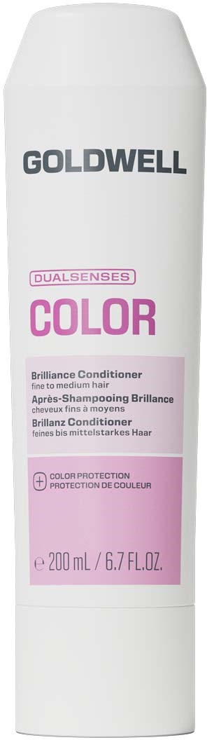 Goldwell Dualsenses Color Brilliance Conditioner flaske, hvit med rosa og svart tekst, 200 ml.