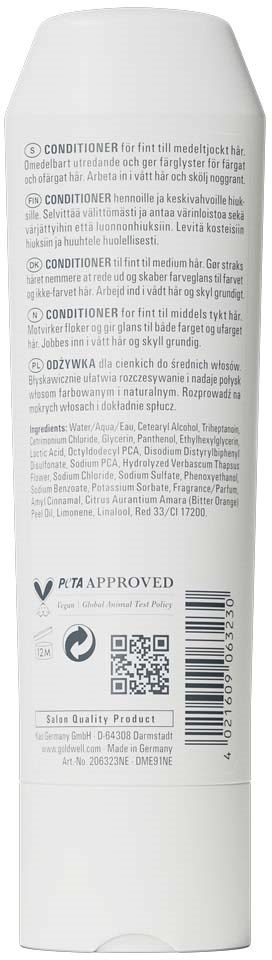 Baksiden av en hvit flaske med tekst og strekkode, viser produktdetaljer, ingredienser og sertifiseringer.
