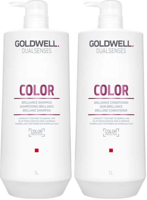 Zwei weiße Flaschen mit Pumpaufsatz, beschriftet Goldwell Dualsenses Color für Shampoo und Conditioner.