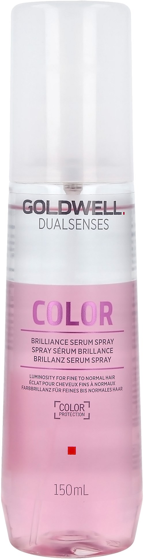 A pink and transparent bottle with a white cap, labeled Goldwell Dualsenses Color Brilliance Serum Spray, 150 ml.