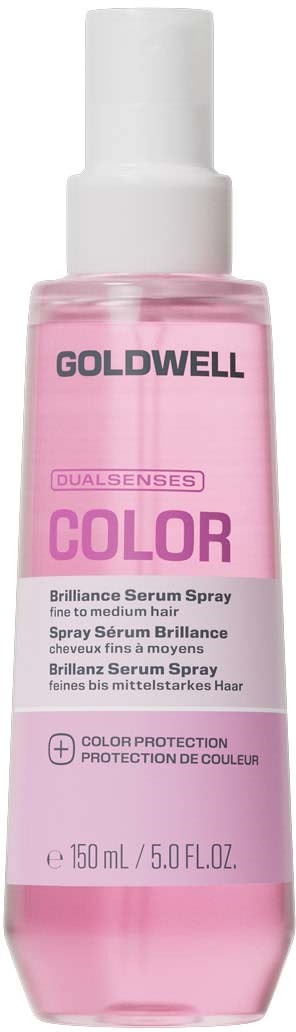Rosa sprayflaske med Goldwell Dualsenses color protection brilliance serum spray for middels hår.