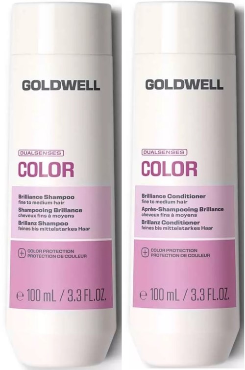 To hvite flasker med Goldwell Color sjampo og balsam med rosa etiketter for fint til middels hår.
