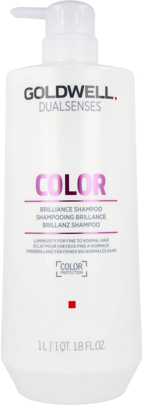 Valkoinen shampoopullo, jossa lukee Goldwell Dualsenses Color, pumpun kanssa, tarkoitettu värjätyn hiuksen kirkastukseen.