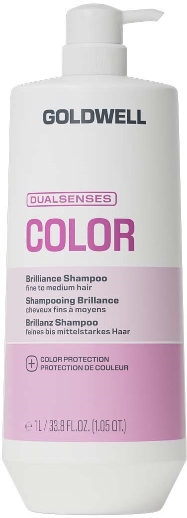 Goldwell Dualsenses Color brilliance sjampo-flaske med rosa og hvit etikett, tekst nevner fargebeskyttelse for middels hår.