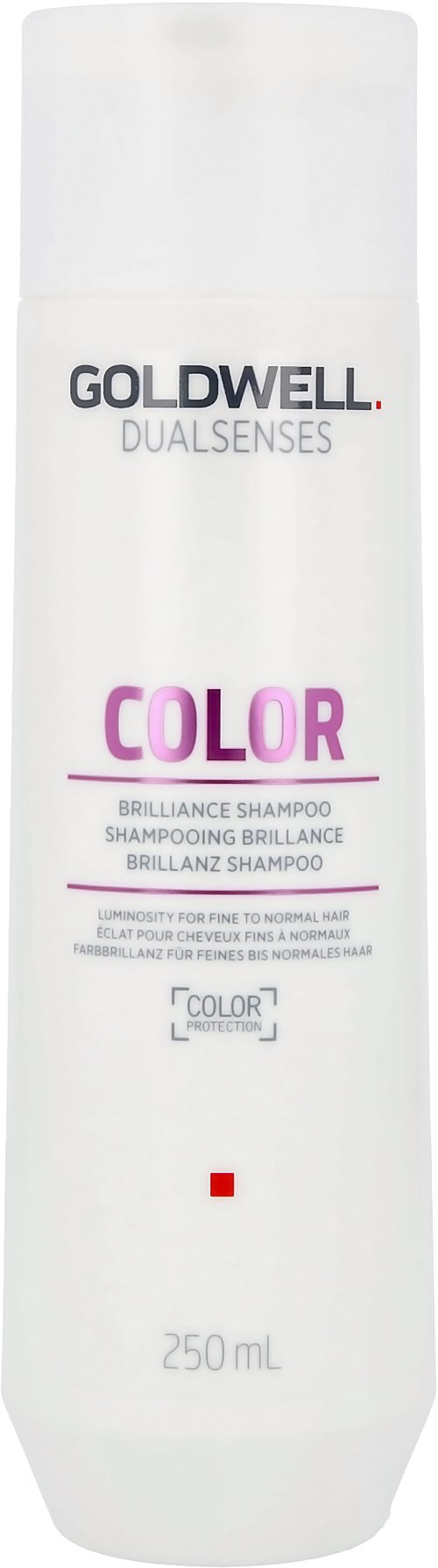 Valkoinen pullo Goldwell Dualsenses Color shampoolla, teksti violett ja musta, 250 ml.