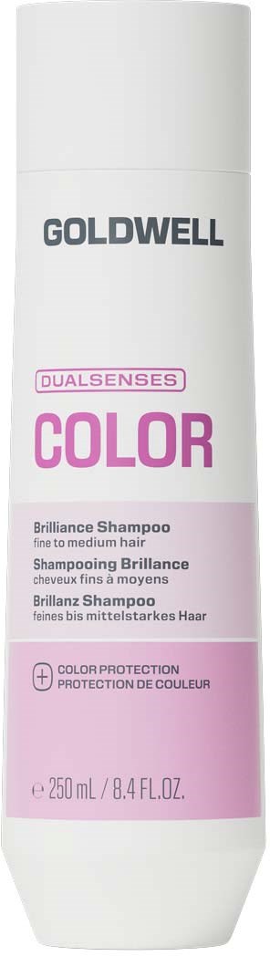 En hvit flaske med Goldwell Dualsenses Color Brilliance Shampoo med rosa detaljer og svart og rosa tekst.
