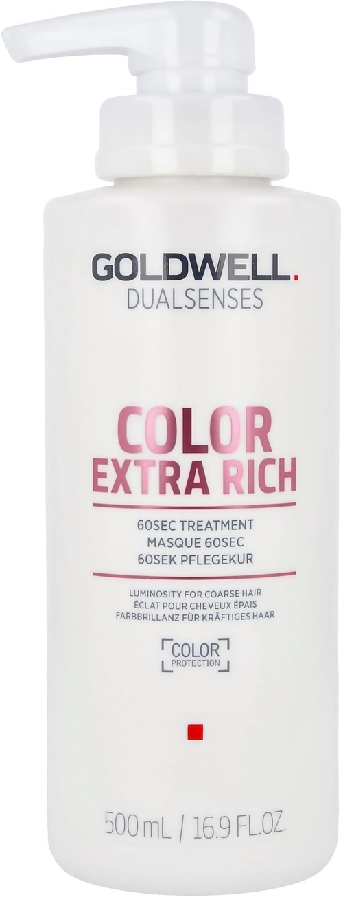 Eine weiße Flasche mit Pumpe, gekennzeichnet Goldwell Dualsenses Color Extra Rich Haarbehandlung, 500 ml.