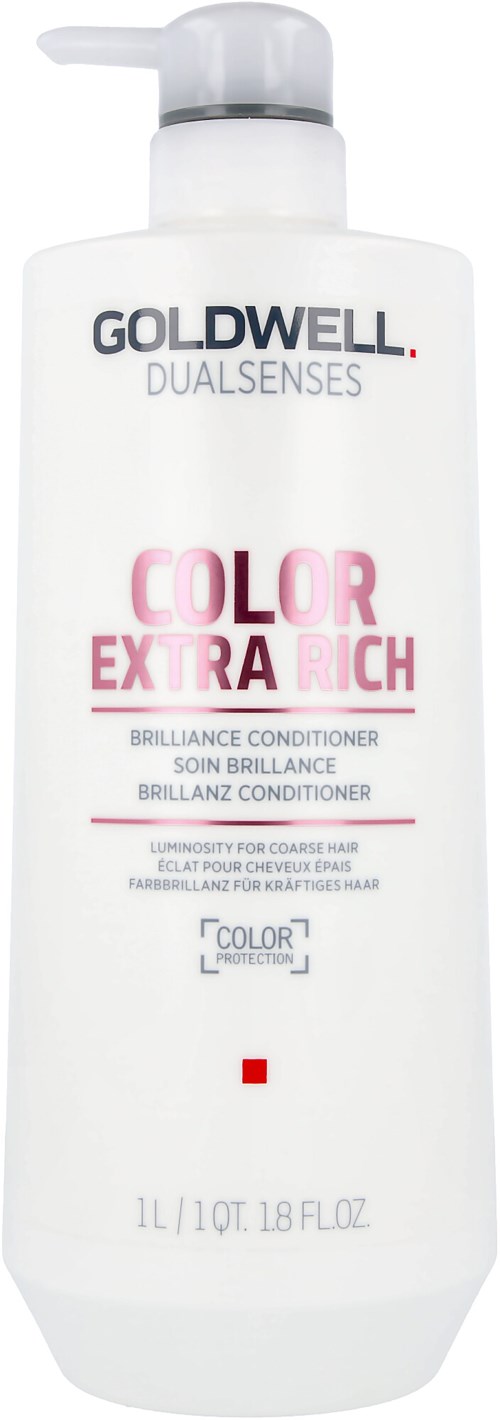 Eine weiße Flasche mit Pumpaufsatz enthält Goldwell Dualsenses Color Extra Rich Spülung für koloriertes Haar.