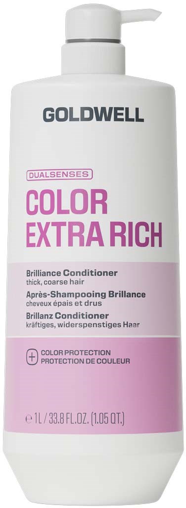 Goldwell Color Extra Rich balsamflaske med pumpe, hvit og rosa for tykt hår.