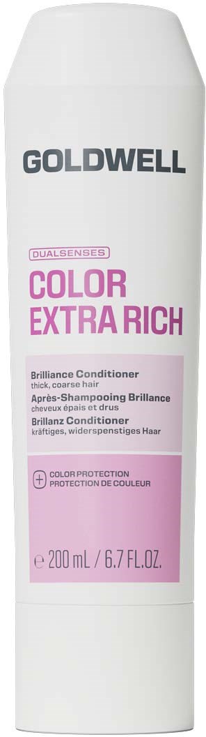 En hvit flaske med Goldwell Color Extra Rich balsam med rosa etikett og svart tekst, 200 ml.