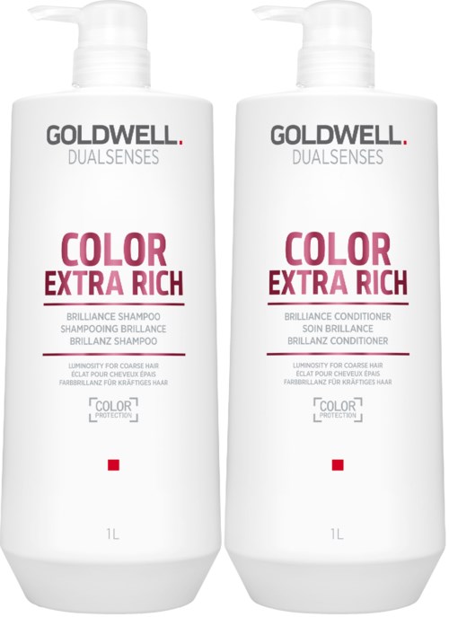 Zwei Flaschen Goldwell Color Extra Rich Shampoo und Conditioner mit weißen Flaschen und pinkem und schwarzem Text.
