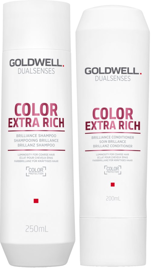 Kaksi valkoista Goldwell hiusshampoopulloa ja hoitoainetta, jotka antavat värille lisää rikkautta. 250ml ja 200ml kokoiset. Puhdas ja yksinkertainen muotoilu.