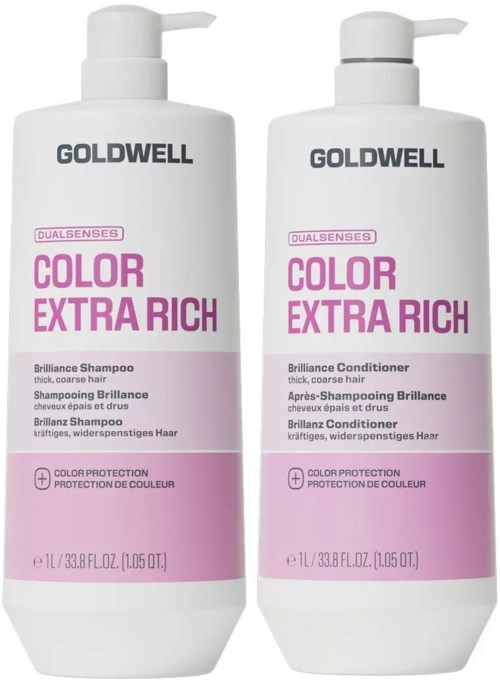 To hvite flasker med Goldwell hårpleieprodukter, en sjampo og en balsam, med rosa og lilla etiketter.