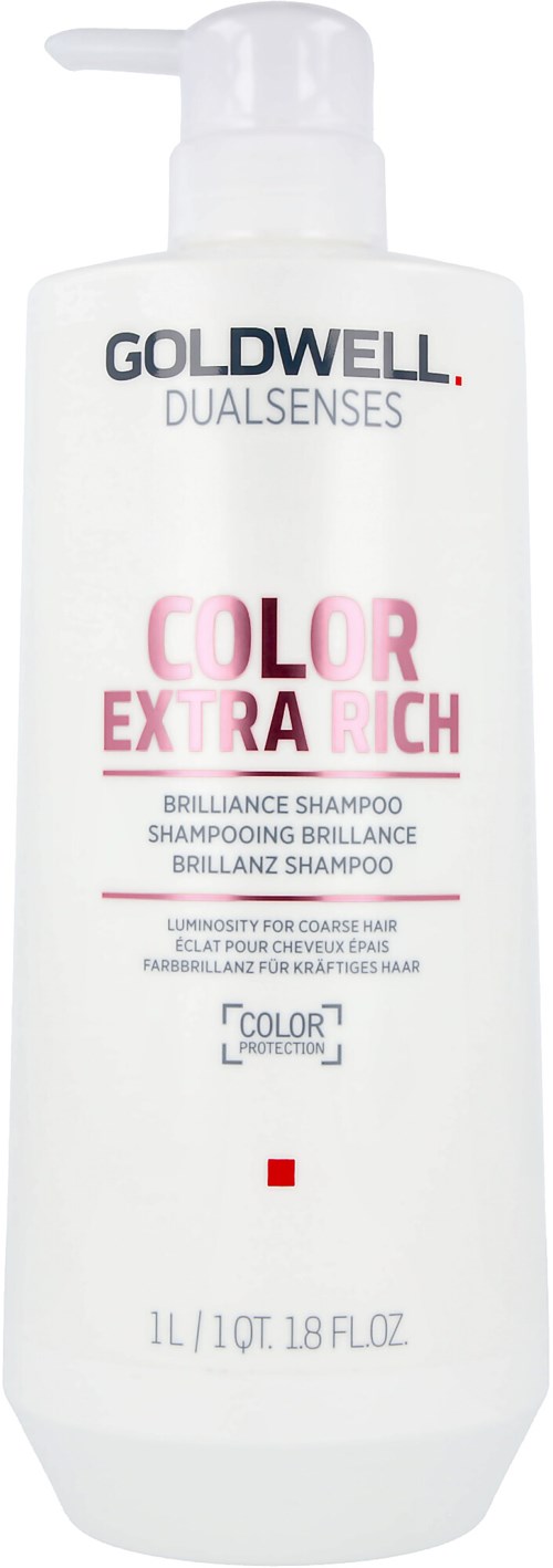 Eine weiße Shampoo-Flasche mit Pumpe, gekennzeichnet Goldwell Dualsenses Color Extra Rich, für farbbehandeltes Haar.