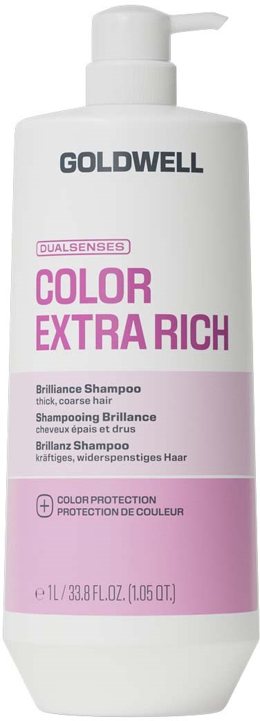 En hvit sjampo-flaske med rosa og svart tekst, merket Goldwell Color Extra Rich Brilliance Shampoo for tykt hår.