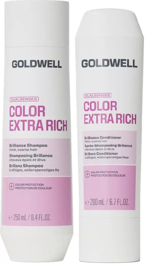 To flasker med Goldwell Color Extra Rich sjampo og balsam, rosa og hvit emballasje, med produktnavn og beskrivelser.