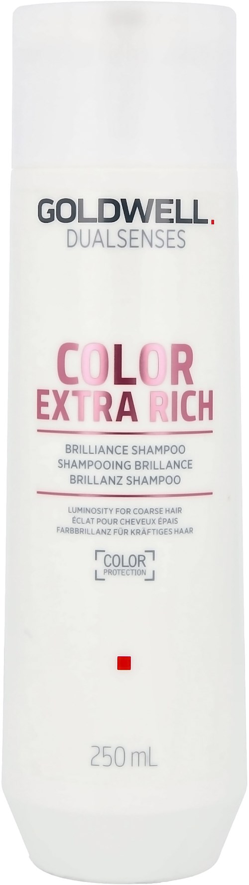 Eine weiße Shampooflasche mit der Aufschrift 'Goldwell Dualsenses Color Extra Rich' in pink und schwarz, 250 ml.