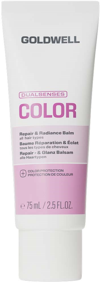 Hvitt og rosa rør med Goldwell Dualsenses Color reparasjon og glansbalm for alle hårtyper.
