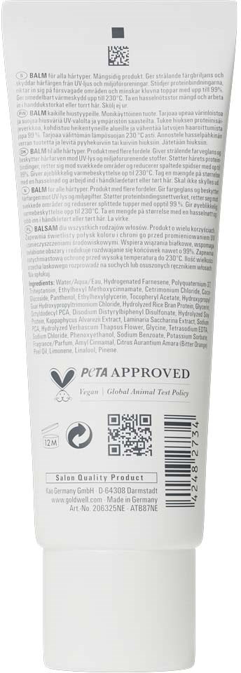 Bak på et hvitt rør med detaljert tekst, strekkode, QR-kode og godkjenningsmerker, inkludert PETA-godkjent logo og produktinformasjon.