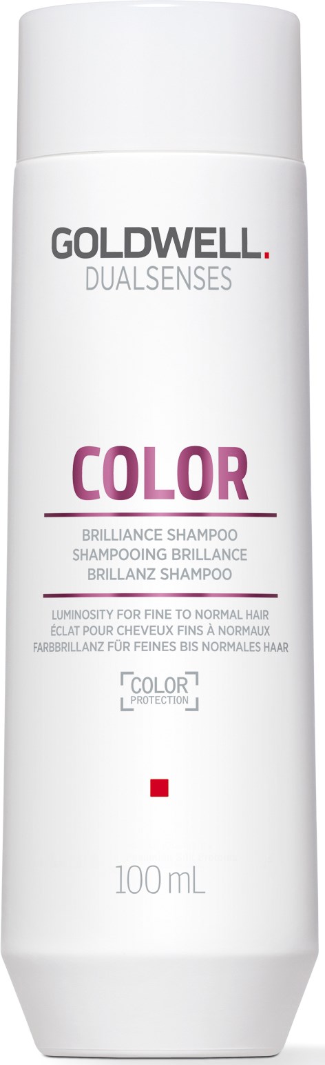 En vit schampoflaska märkt 'GOLDWELL DUAL SENSES COLOR' för färgat hår, 100 mL volym.