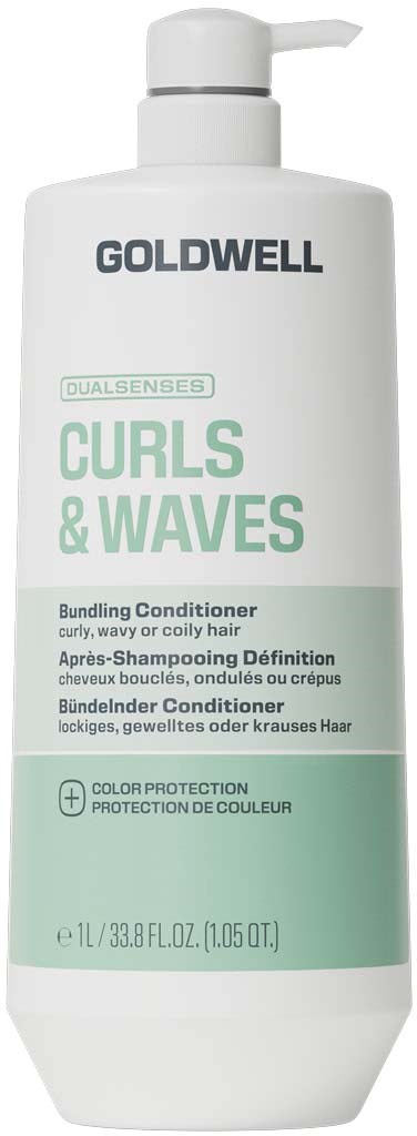 Goldwell Curls & Waves balsamflaske med hvit pumpe, lysegrønn og hvit etikett.
