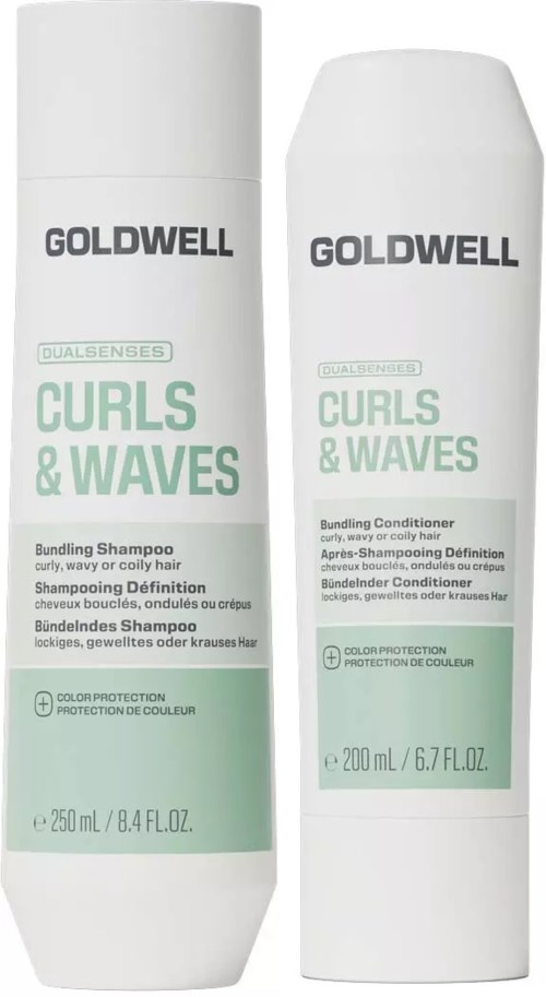 To hvite flasker med Goldwell Curl & Waves sjampo og balsam med grønne etiketter.