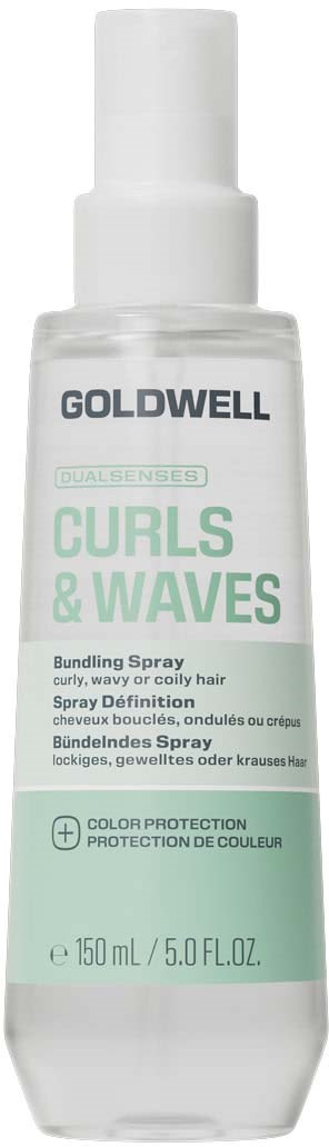Goldwell Curls & Waves sprayflaske for krøllete eller bølgete hår, med hvit og grønn etikett og spraydüse.