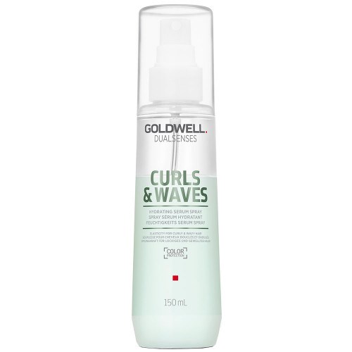 Eine Sprühflasche mit Goldwell Curls & Waves, für Haarpflege und Styling, in weißem und grünem Design.