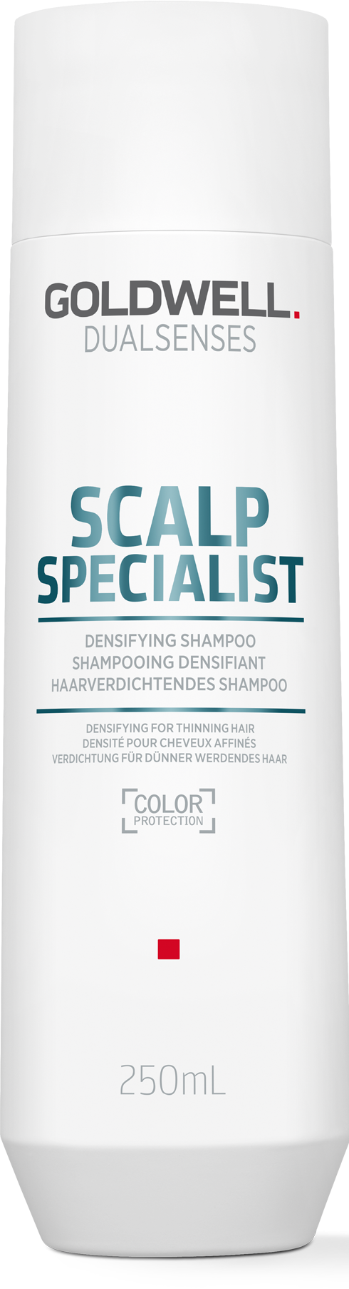 A white bottle with blue and gray text for Goldwell Scalp Specialist shampoo, 250 mL size.