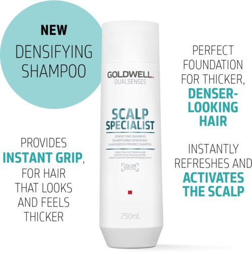 A white bottle of Goldwell scalp shampoo claims to make hair thicker, shinier, and refresh the scalp instantly.