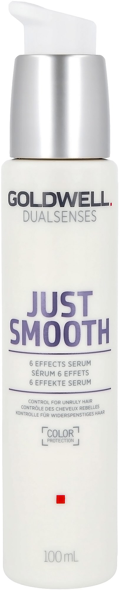 Eine weiße Flasche mit Pumpe, beschriftet Goldwell Just Smooth, 100 ml, für Haarpflege.