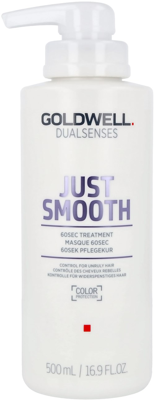 Eine weiße Flasche mit Pumpaufsatz, beschriftet 'Goldwell Dualsenses Just Smooth', für Haarbehandlung oder Styling.