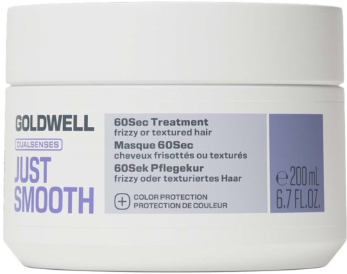 Hvit krukke med Goldwell Just Smooth 60Sec Treatment for krusete eller teksturerte hår, 200 ml.