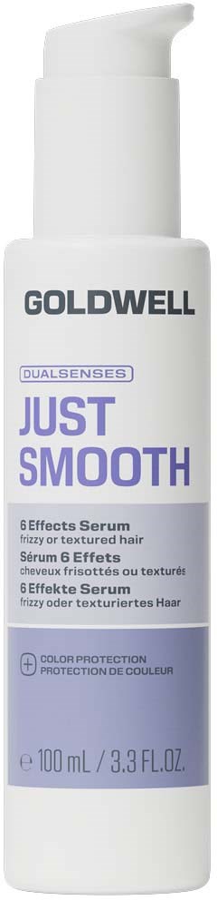 Hvit flaske med pumpe som viser Goldwell Just Smooth serum for strukturert hår, 100 ml.