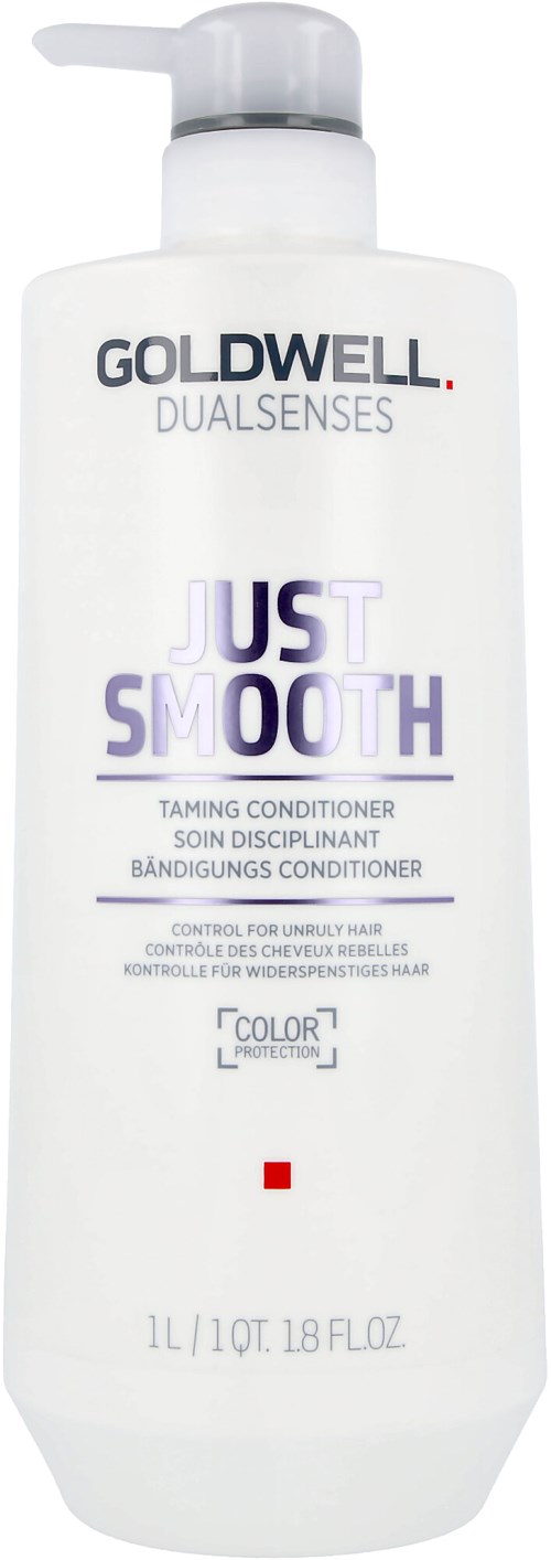 Eine weiße Flasche mit Pumpe, gekennzeichnet Goldwell Dualsenses Just Smooth, eine Haarspülung für unruhiges Haar, 1 Liter.