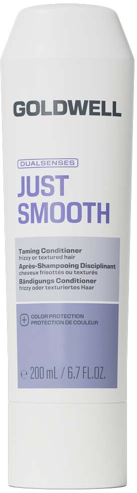 Goldwell Dualsenses Just Smooth glattgjørende balsam i en hvit flaske med lilla og grå tekst.