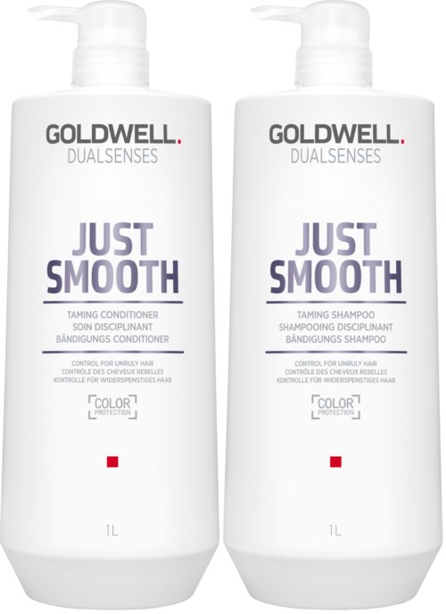 Zwei weiße Shampooflaschen mit lila und schwarzem Text, gekennzeichnet 'Goldwell Just Smooth' für Haarpflege.