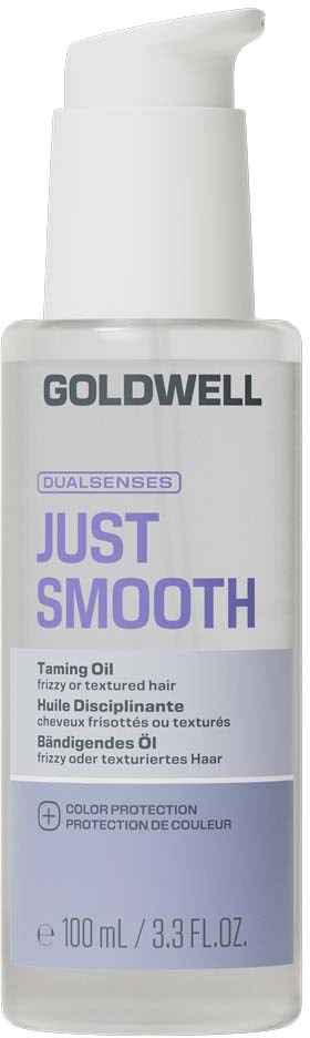 En hvit flaske med Goldwell Just Smooth glatteolje med pumpe, for krusete eller teksturert hår.