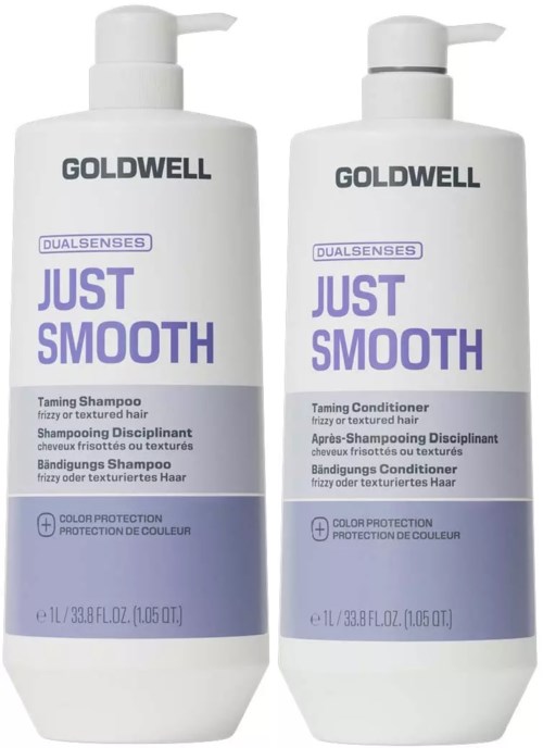 To flasker med Goldwell Just Smooth hårpleieprodukter, en sjampo og en balsam, med hvite og lilla etiketter.