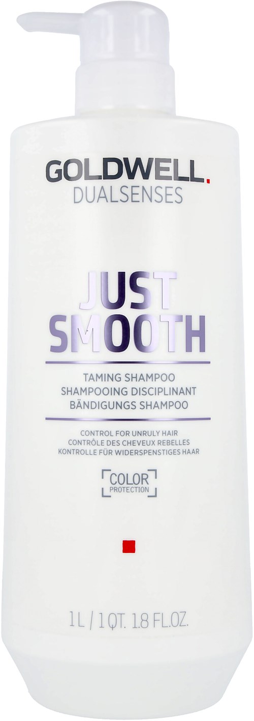 A white bottle of Goldwell Dualsenses Just Smooth taming shampoo with purple text and a pump top.