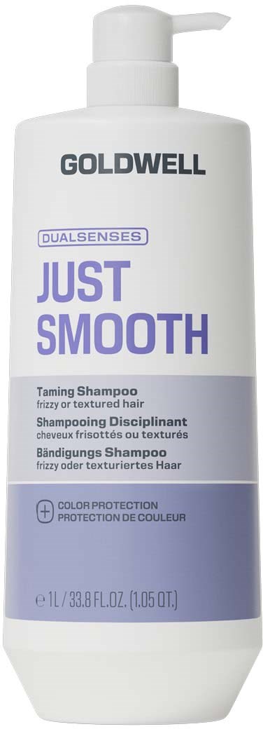 Goldwell Just Smooth Dualsenses sjamposhampoo flaske med pumpe og fiolett tekst.