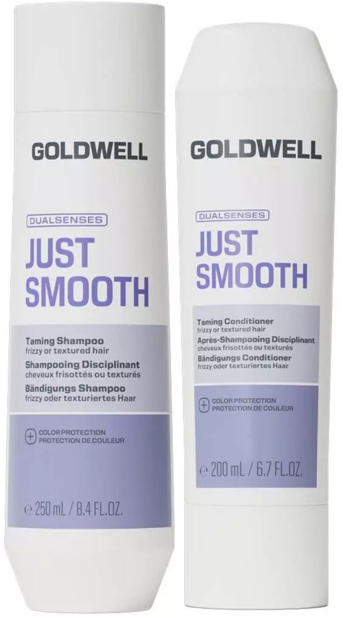 To hvite flasker med Goldwell Just Smooth hårprodukter, én sjampo og én balsam, med lilla og svarte etiketter, 250 ml hver.