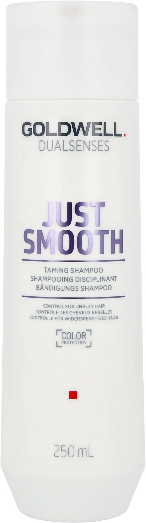 A white shampoo bottle labeled 'Goldwell Just Smooth' for making hair smooth and shiny.