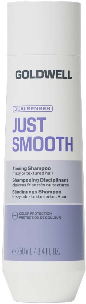 Goldwell Just Smooth sjampobjett i hvit flaske med lilla og svart tekst for krusete eller teksturerte hår.