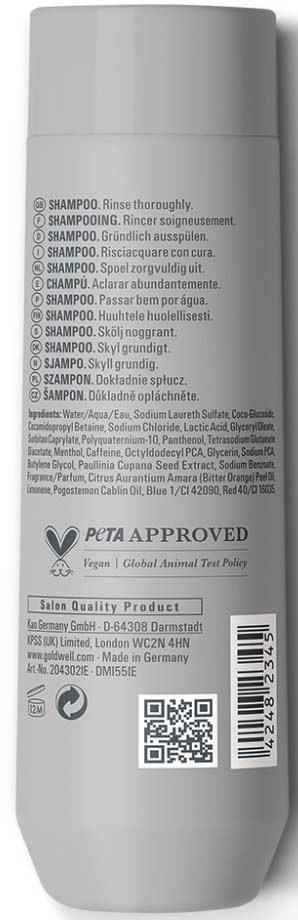 Baksiden av en sjampoflask med produktdetaljer, ingredienser och godkjenning merkelapp.