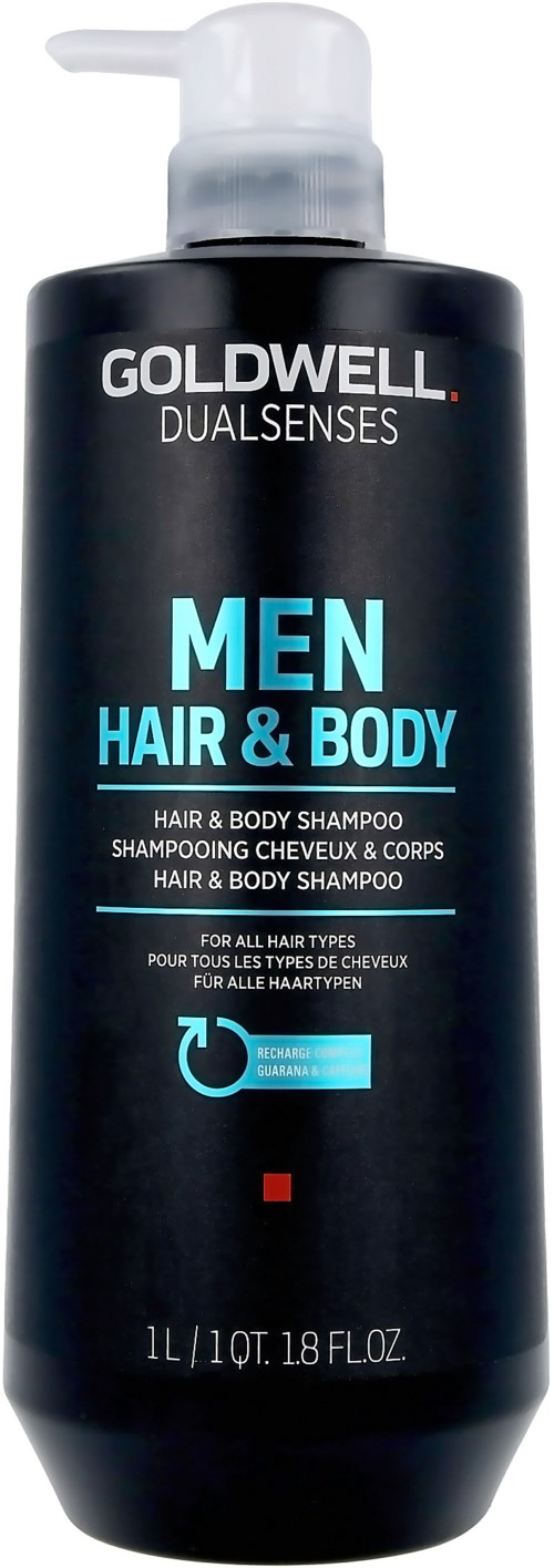 Eine schwarze Flasche Goldwell Dualsenses Men Hair & Body Shampoo, 1 Liter, mit Pumpkopf.