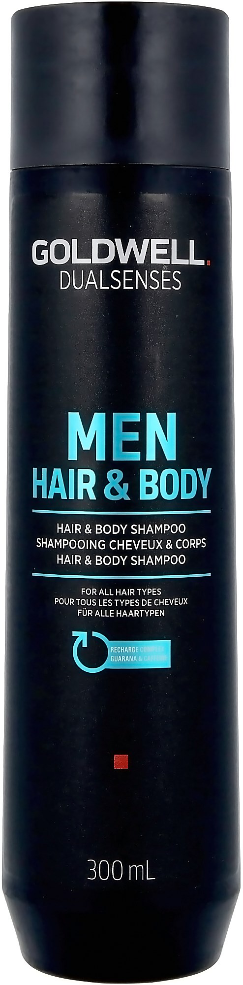 A tall, dark shampoo bottle with blue and white text, labeled for men's hair and body use, 300 mL.