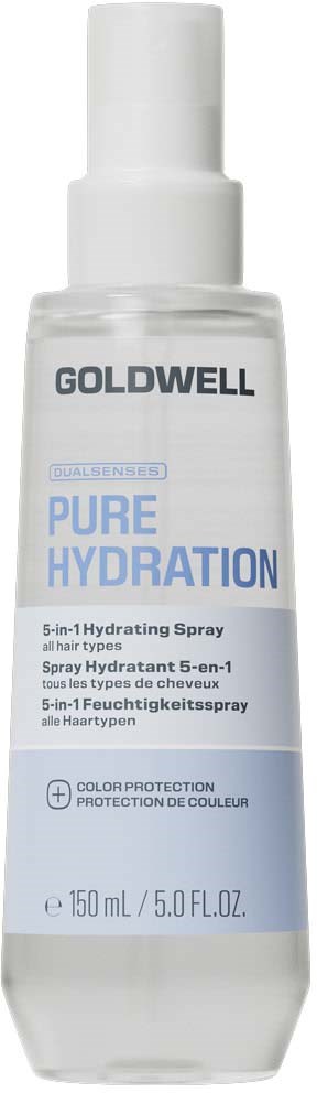 Hvitt sprayflaskeklistet Goldwell Pure Hydration 5-i-1 fuktgivende spray for alle hårtyper, 150 ml.