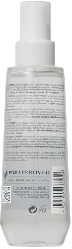 Baksiden av en klar plastflaske med sprayhette, etikett med tekst, strekkode og PETA-godkjenning.