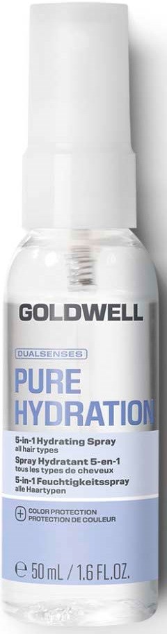 Hvit sprayflaske med sprayhette merket Goldwell Pure Hydration 5-i-1 spray for hår, 50 ml.